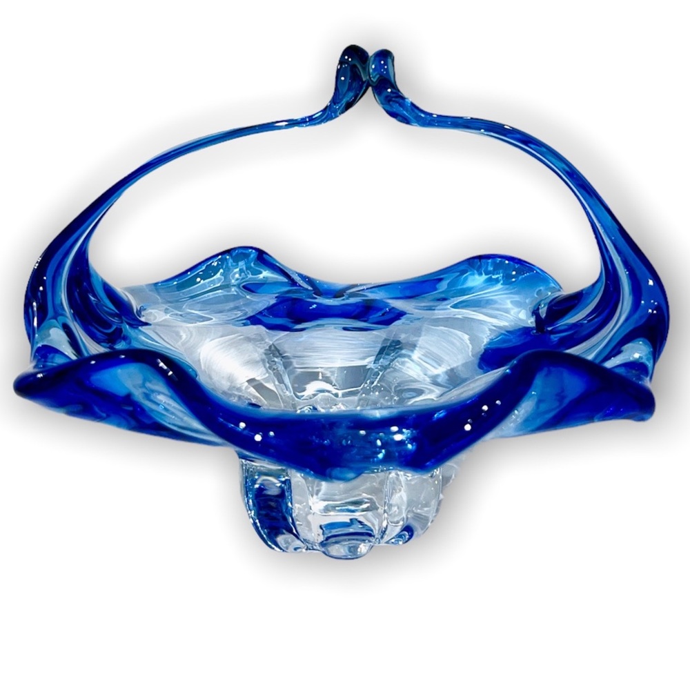 vintage Royal blue murano art glass basket Italian centerpiece MCM